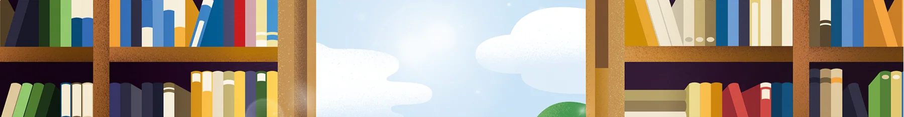 책장 사이로 하늘과 숲이 열린 서울국제작가축제 배너 일러스트
